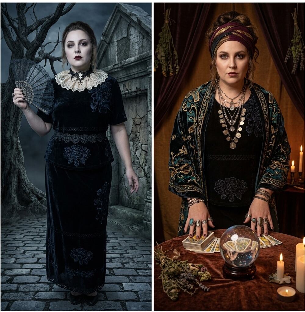 Black Velvet Floral Co-ord Set Evening Elegance or Spooky Halloween GlamL/XL
